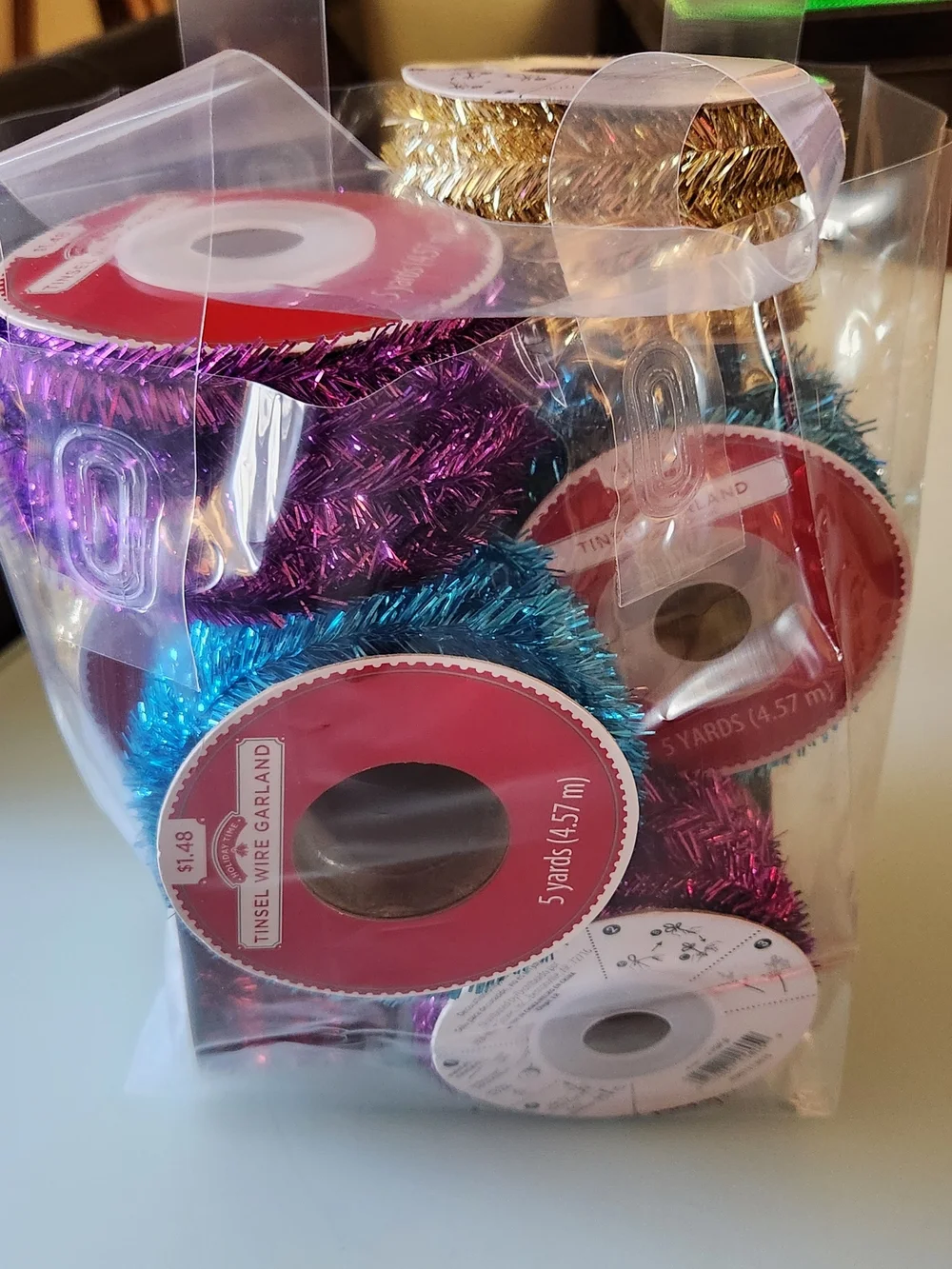 11-Assorted Holiday Tinsel Craft Ribbon - Red, Blue, Gold, Silver,Purple, White.